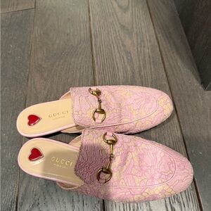 Gucci Pink Lace Mules with Gold Accents